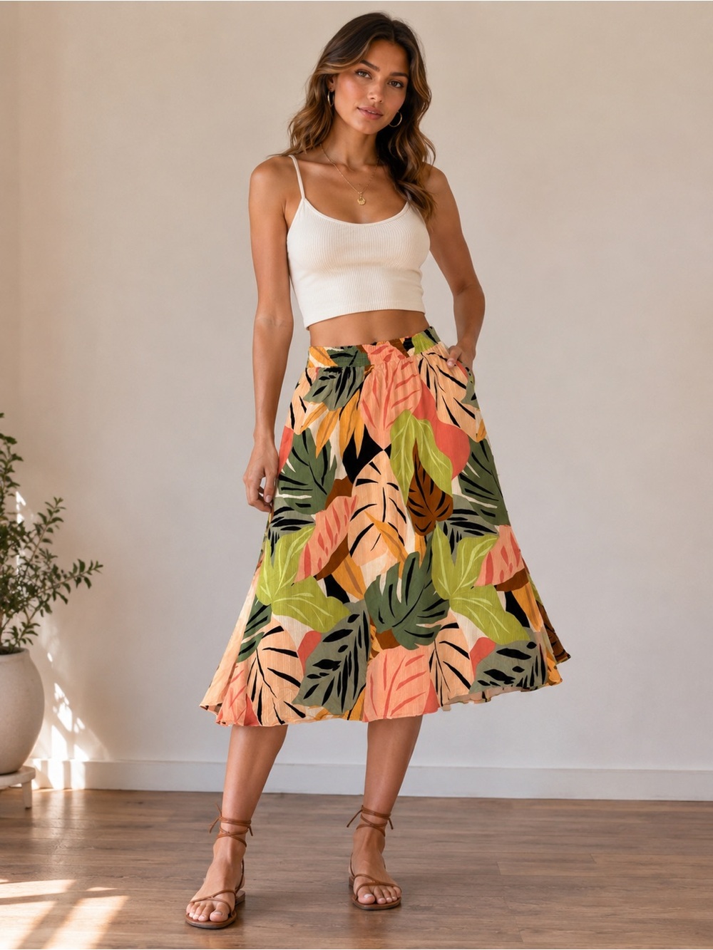 LOFT XS Tropical Leaf Print Flowy Midi Skirt Resort Vacation